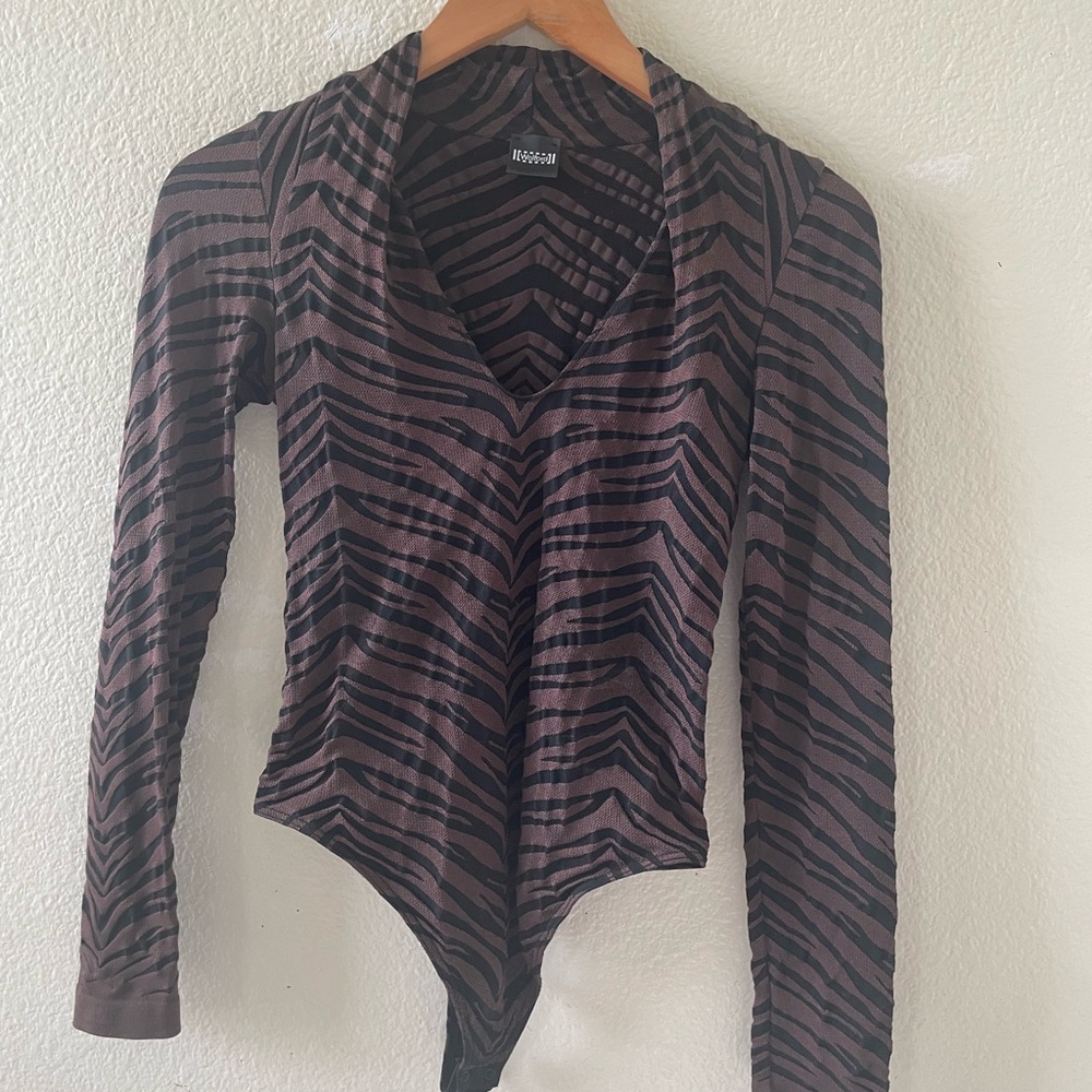 Wolford Black & Brown Tiger Stripe Long Sleeve Thong Bodysuit/ small - Picture 12 of 16